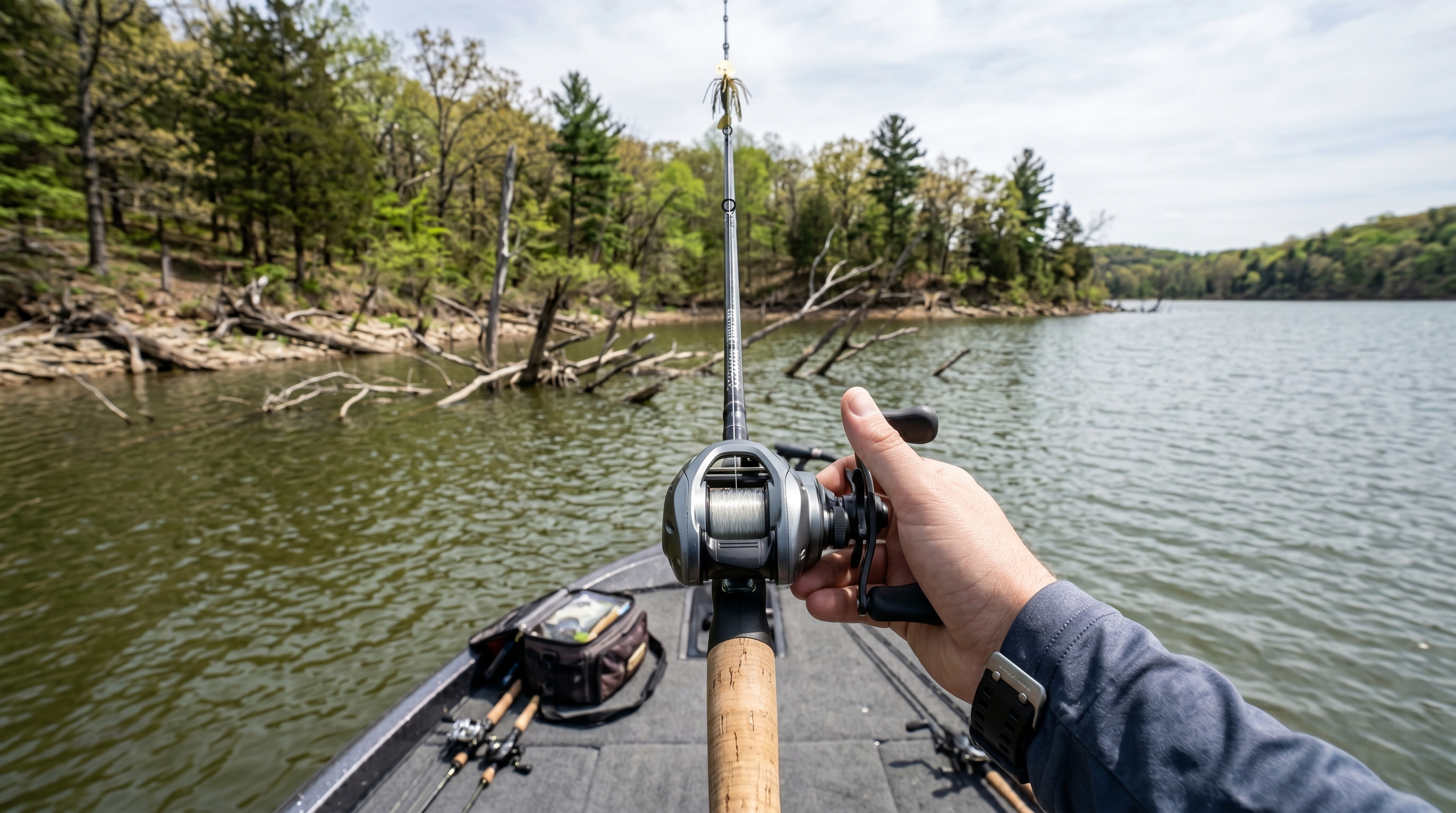 Abu Garcia Max X baitcaster in action during field testing on reservoir