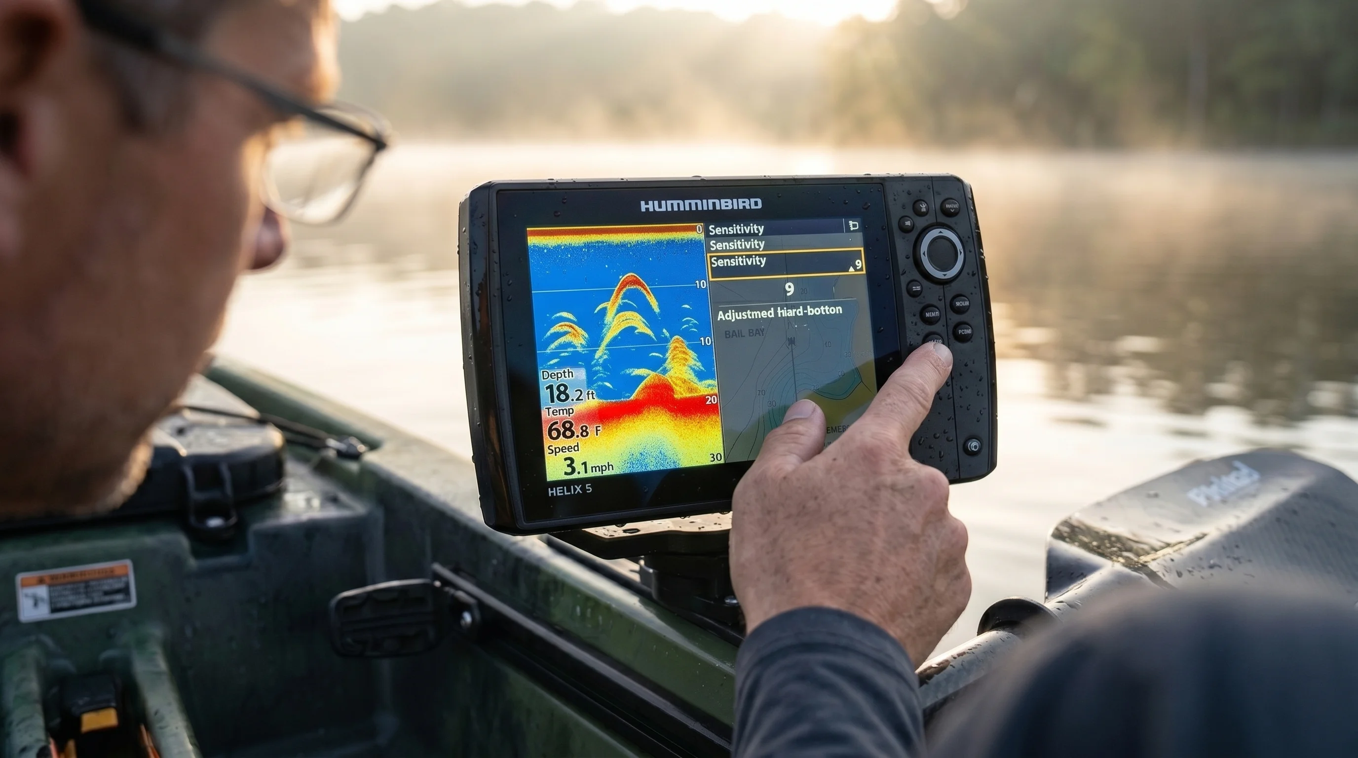 Angler using control pad to adjust sensitivity settings on a Humminbird Helix 5 screen