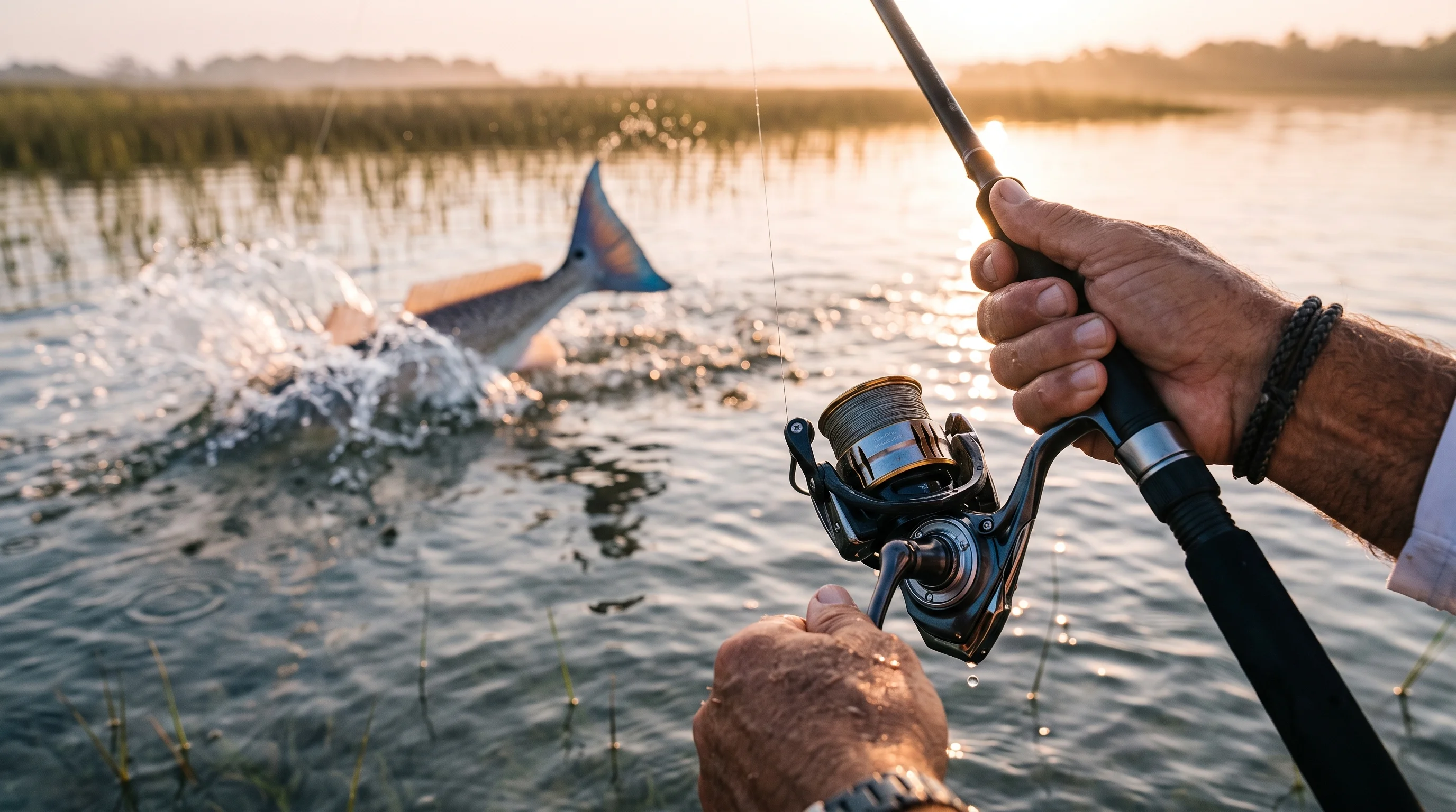 Angler fighting a redfish in shallow water flats