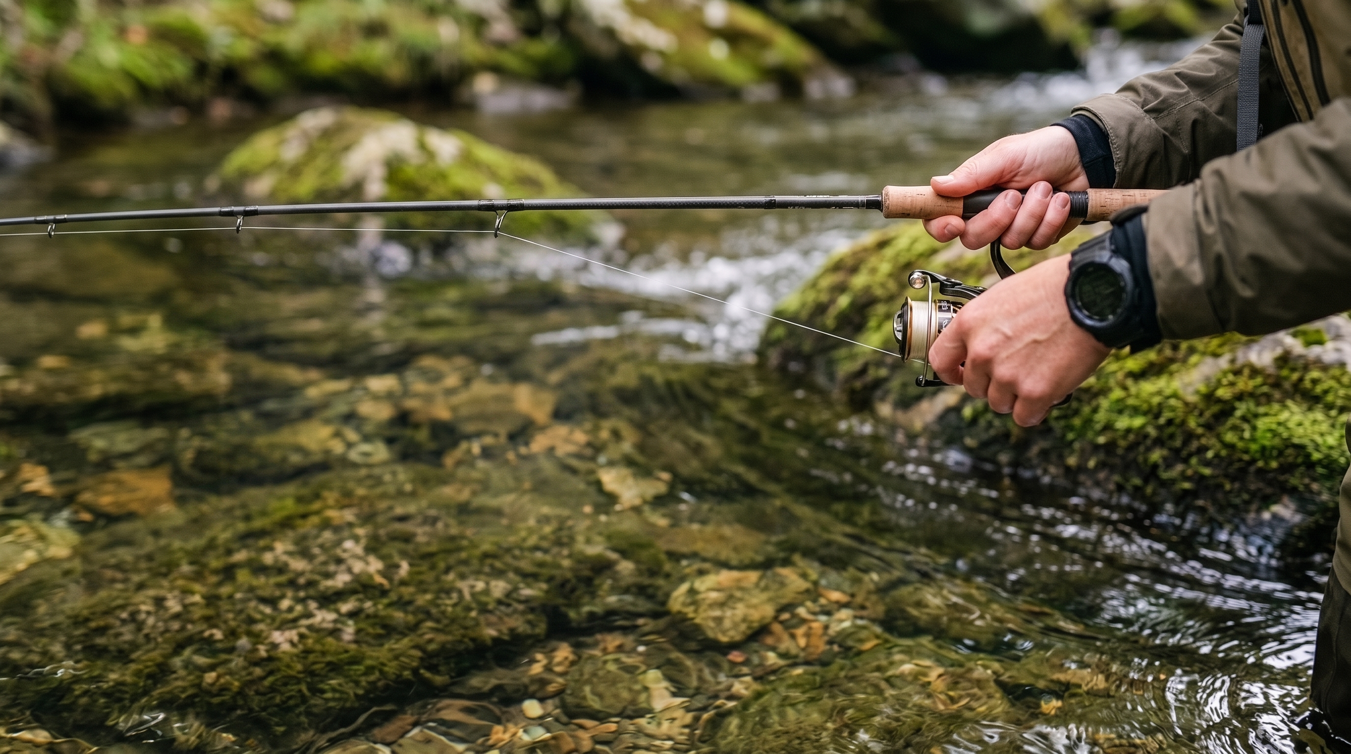 Angler holding balanced ultralight spinning rod by stream