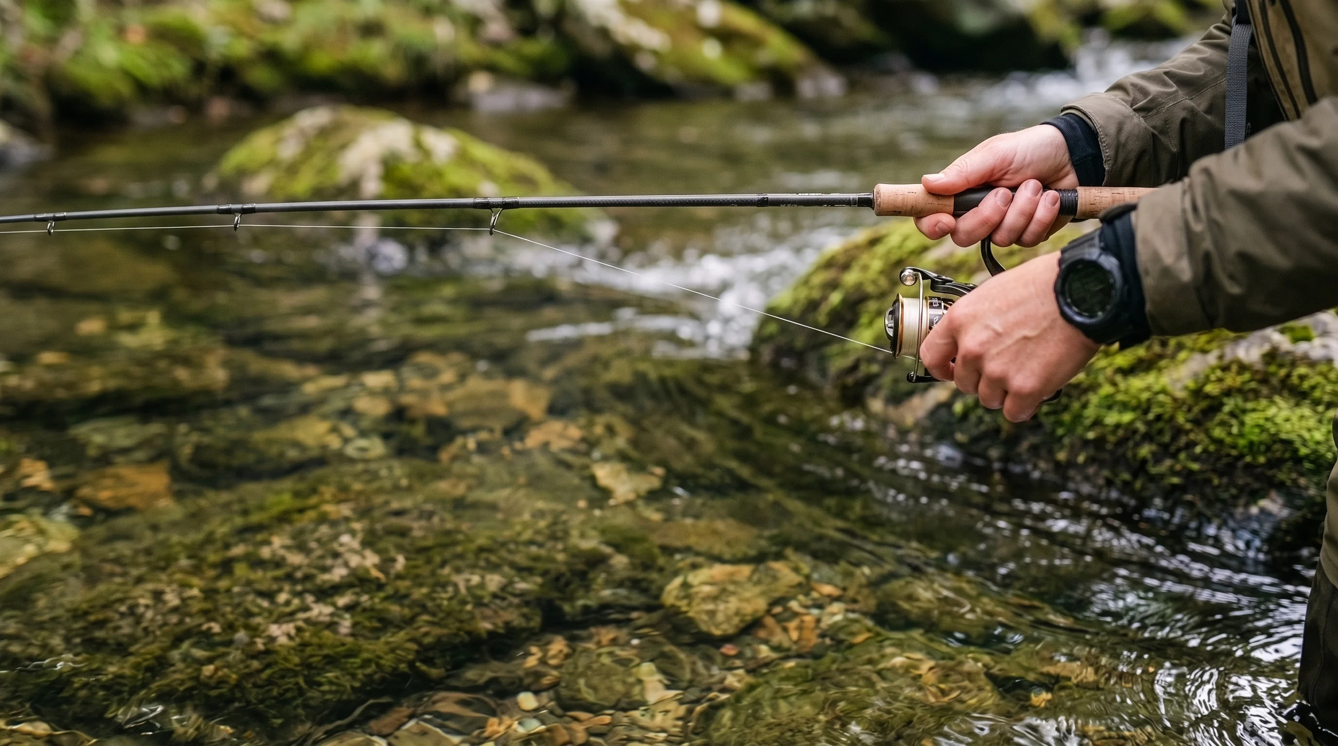 Angler holding balanced ultralight spinning rod by stream