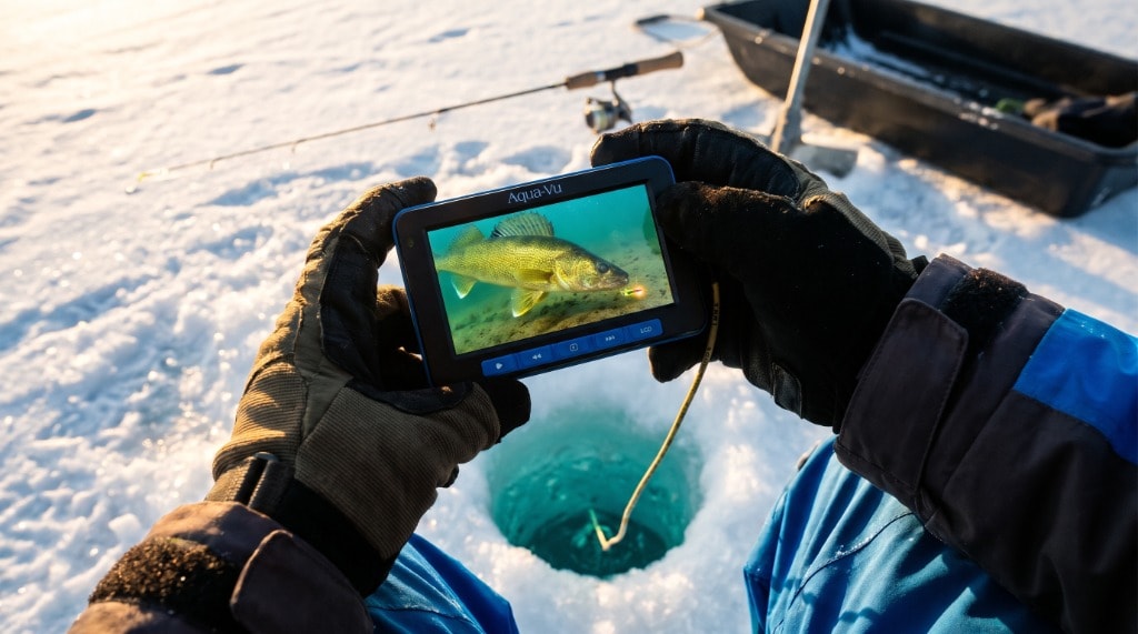 Dr. Eric Lindner field testing the Aqua-Vu Micro Stealth 4.3 underwater pocket camera over an ice hole watching walleye on screen