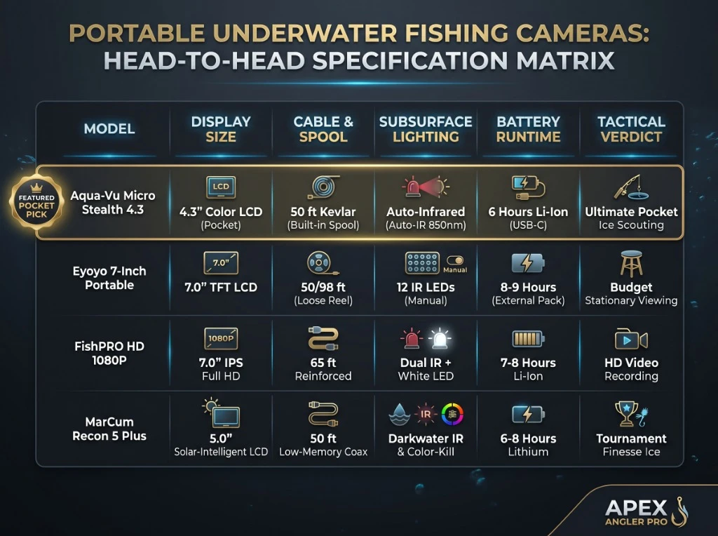 Portable Underwater Fishing Cameras Head-to-Head Specification Matrix comparison by Apex Angler Pro
