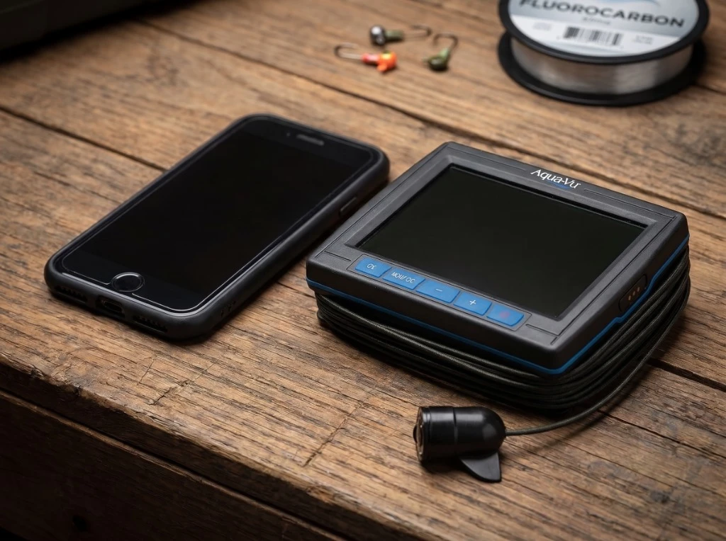 Aqua-Vu Micro Stealth 4.3 pocket underwater camera next to a smartphone on a wooden workbench for scale comparison