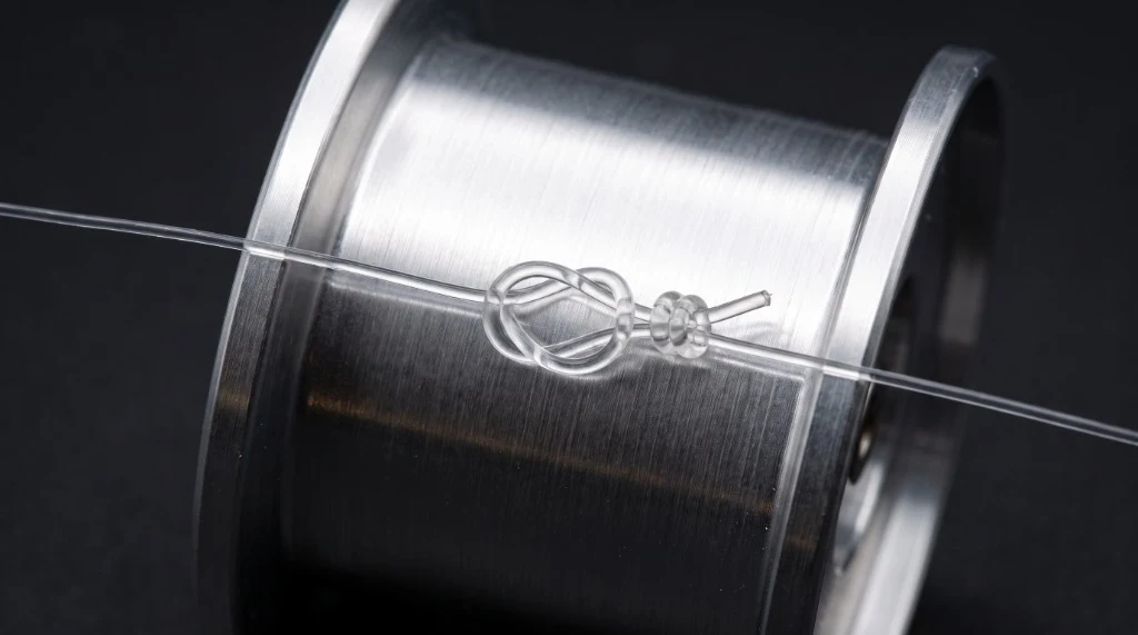 Extreme macro close-up of a correctly tied double overhand arbor knot on a bare aluminum spinning reel spool