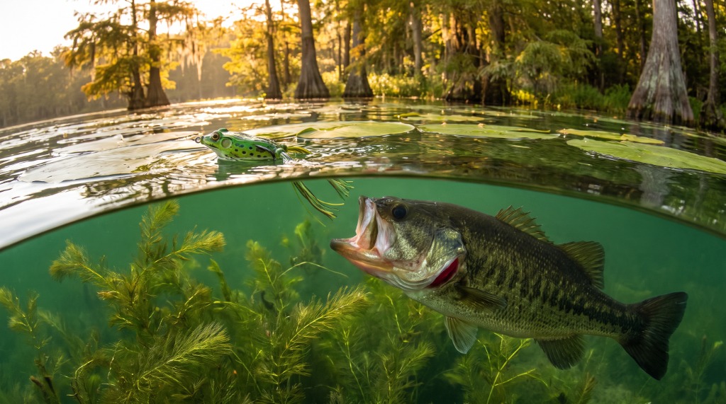 Over-under split-level view of largemouth bass erupting from under hydrilla grass to strike a hollow body topwater frog on lily pads