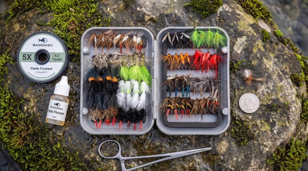 BASSDASH 64-piece fly box open on a streamside rock with 5X tippet spool, paste floatant, forceps, and quarter for scale