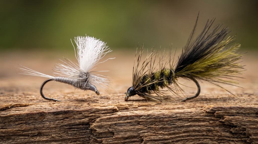 Macro side-by-side comparison of BASSDASH dry fly parachute Adams variant and olive Woolly Bugger streamer on weathered wood