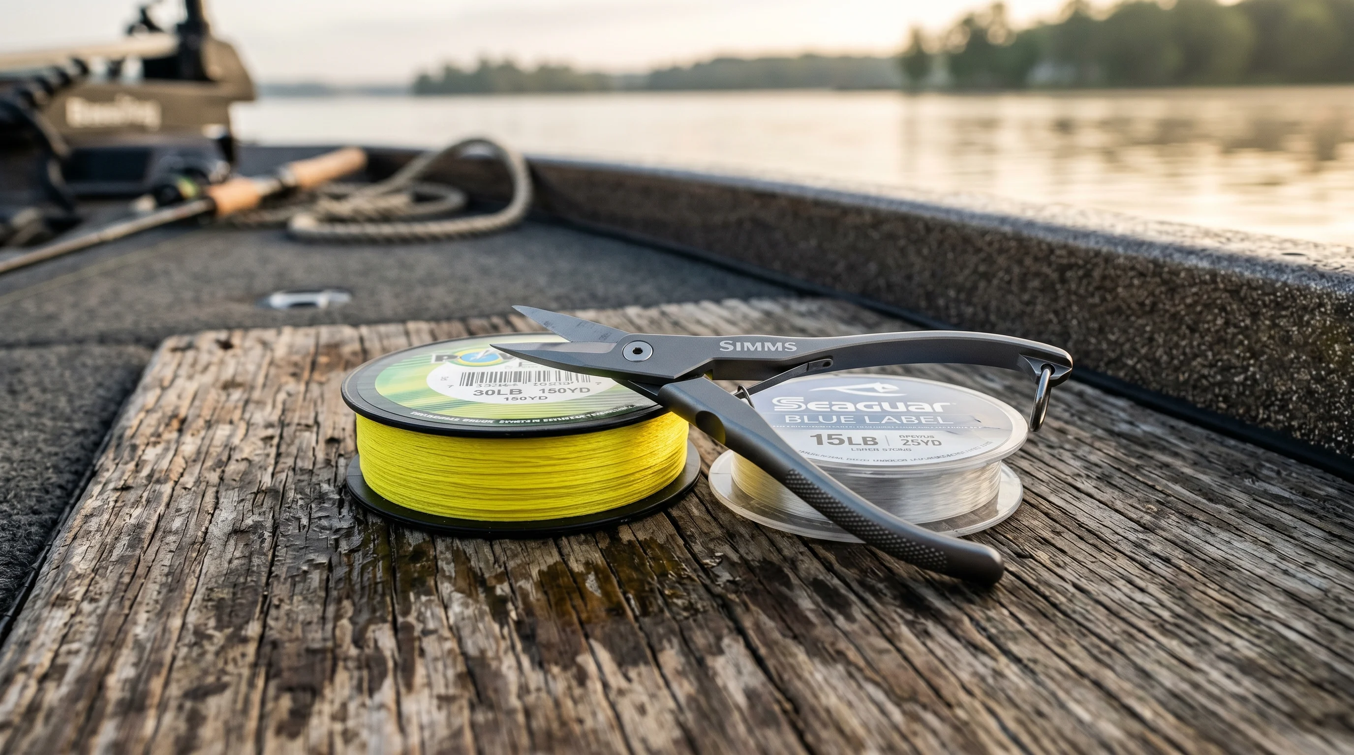 Essential gear for line-to-line connections: high-vis yellow braided line, premium fluorocarbon leader material, and specialized micro-serrated braid scissors.