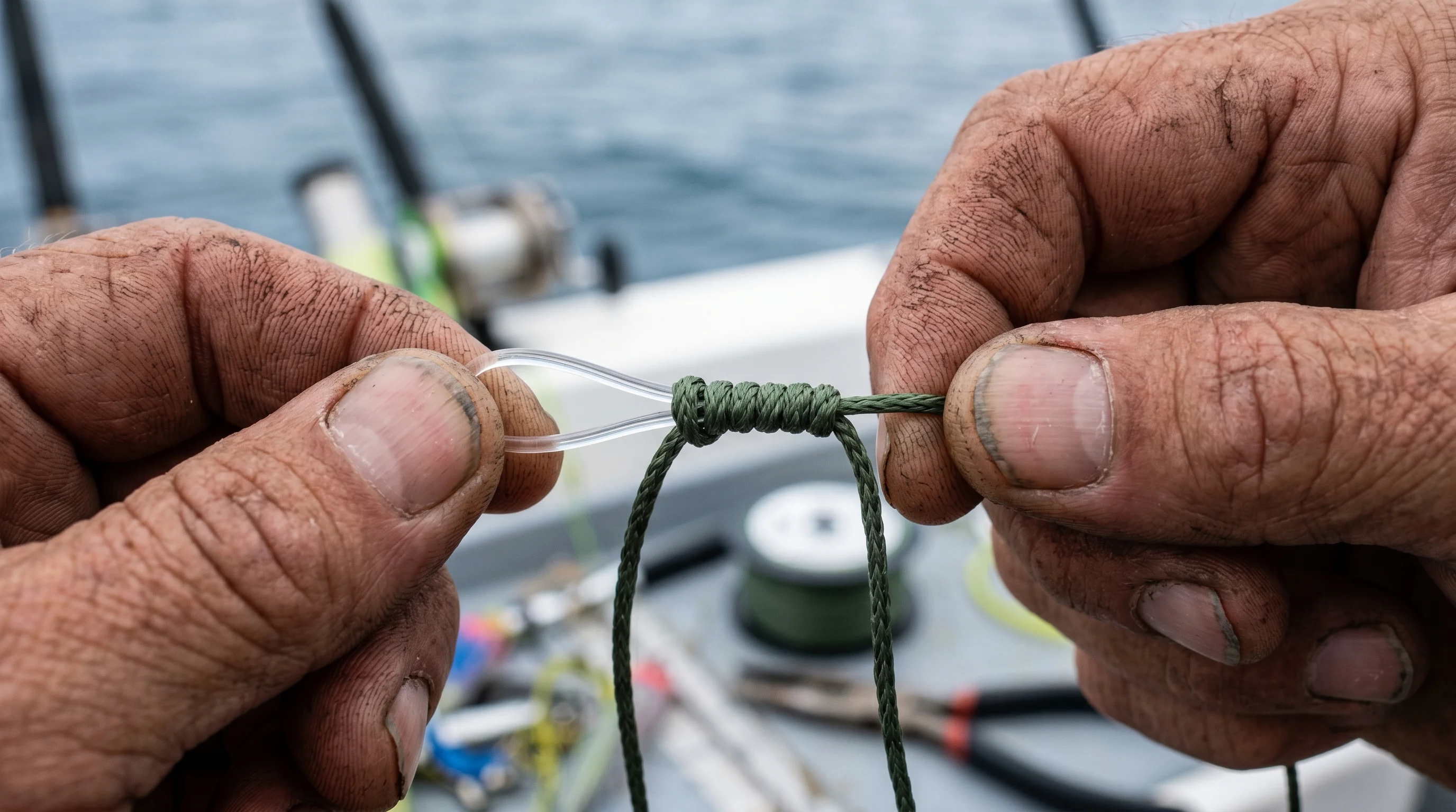 The cinching process of an Alberto Knot, showing the green braided wraps compressing uniformly around the doubled loop of clear fluorocarbon leader.