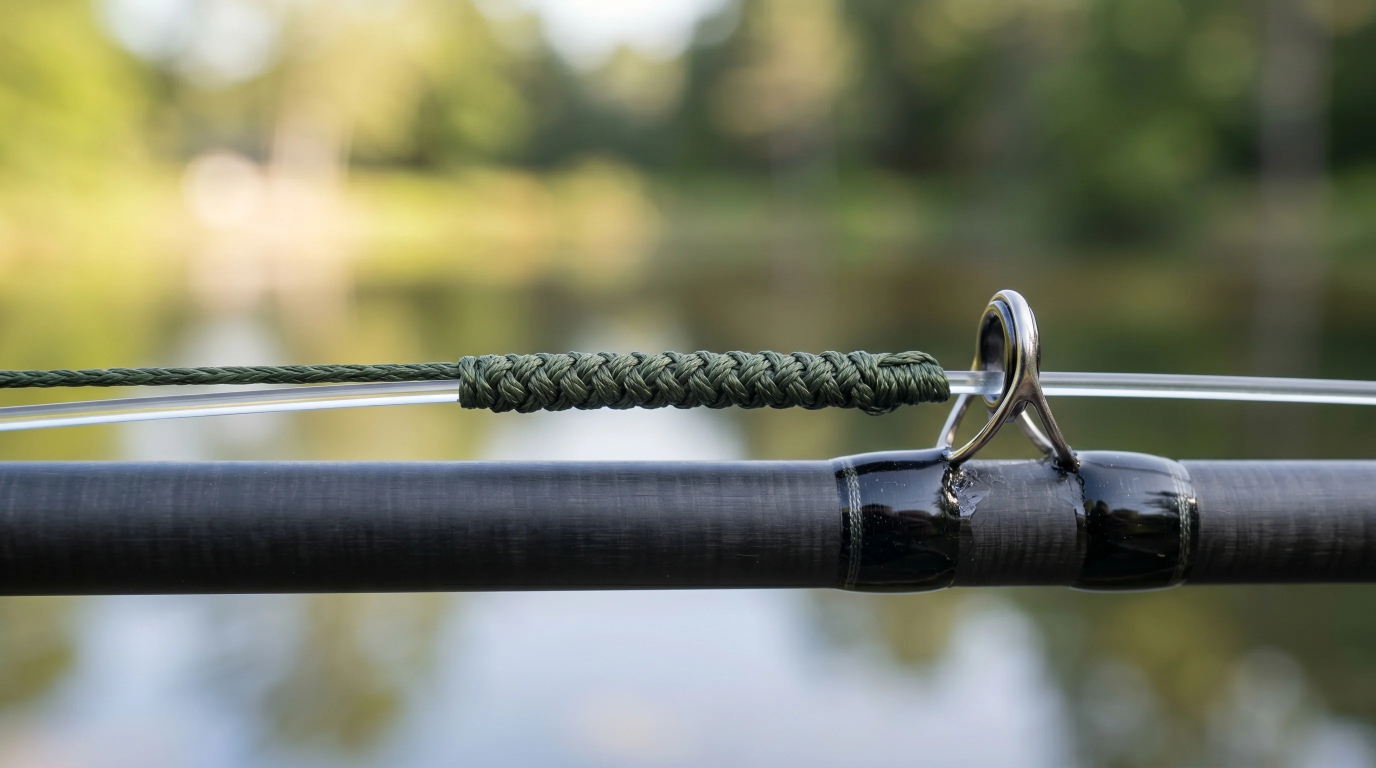 A completed FG Knot connecting braided main line to a fluorocarbon leader, demonstrating its ultra-slim profile as it passes seamlessly through a rod's guide.