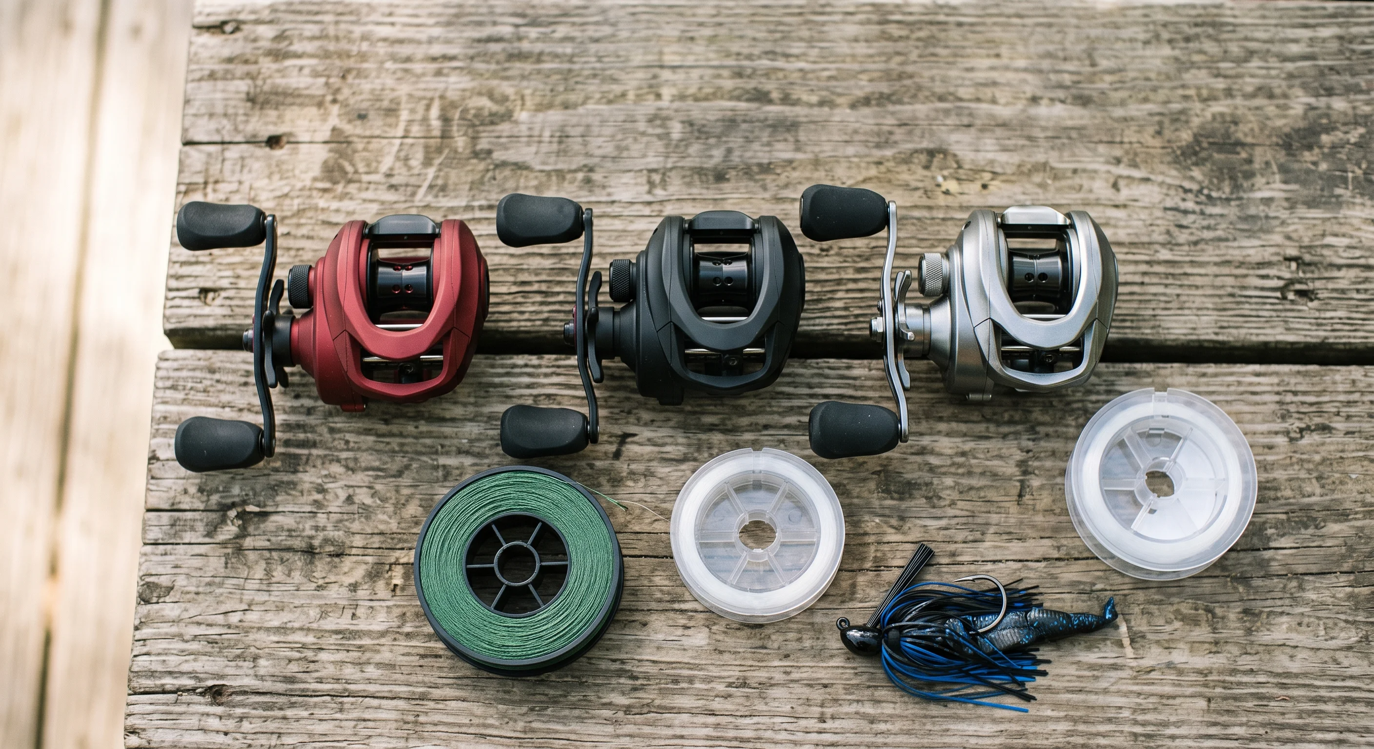 Three budget baitcasting reels compared side-by-side with spools of line and a bass jig