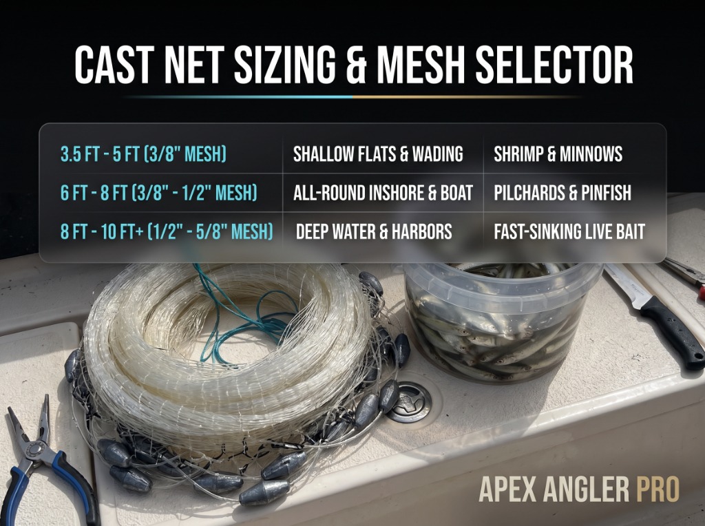 Cast Net Sizing and Mesh Selector infographic overlay on boat deck with coiled net and live bait bucket