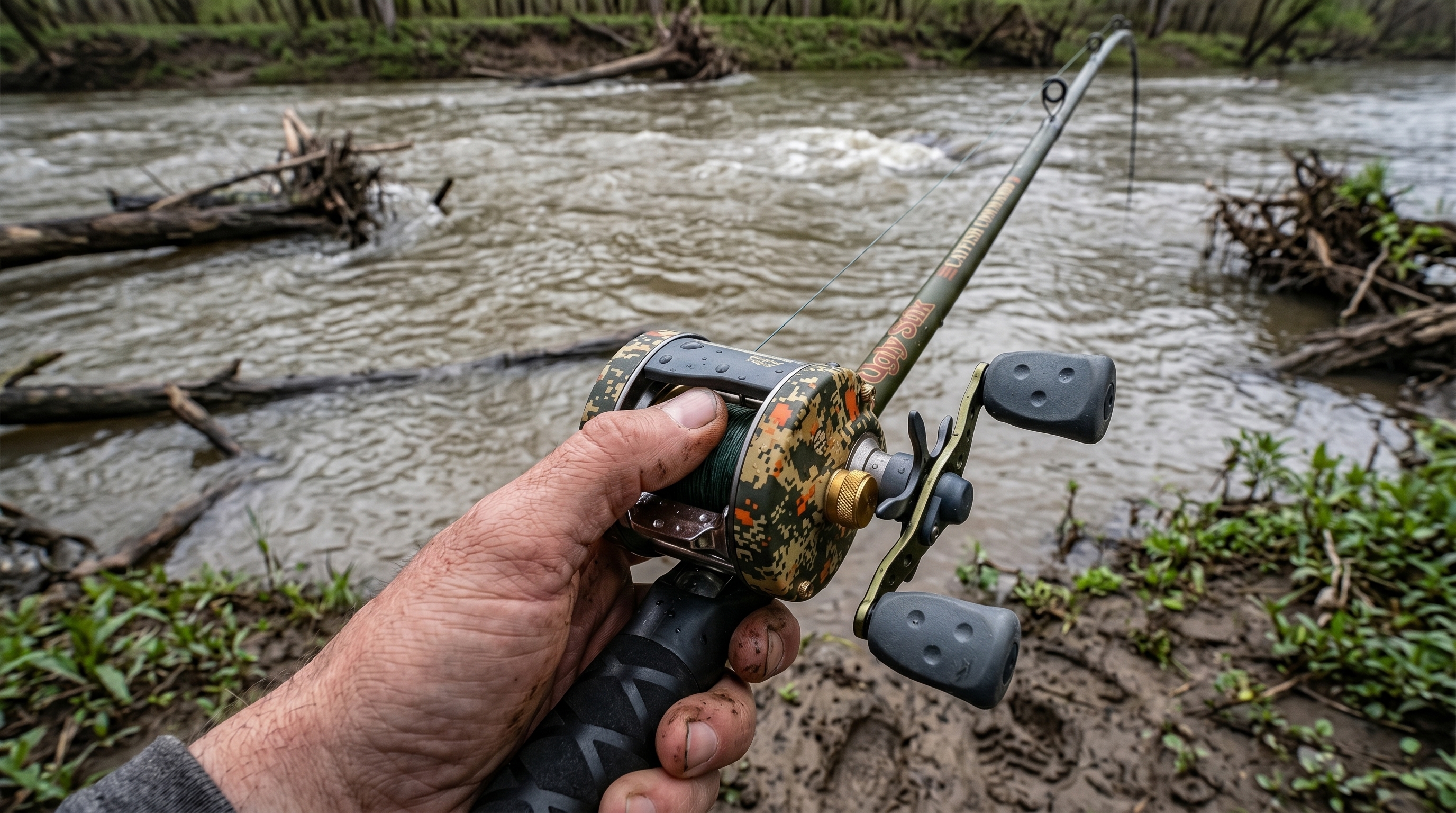 Abu Garcia Catfish Commando action field test on the water over the shoulder view