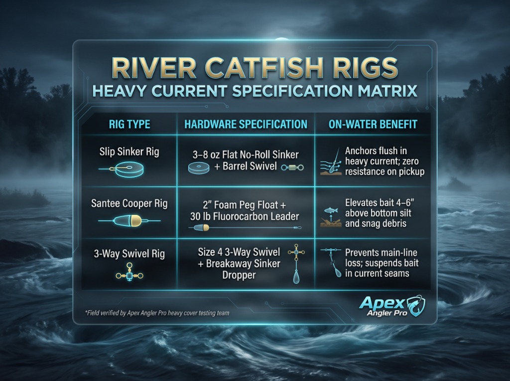 River Catfish Rigs Heavy Current Specification Matrix detailing Slip Sinker, Santee Cooper, and 3-Way Swivel Rigs