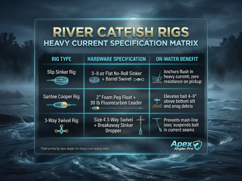 River Catfish Rigs Heavy Current Specification Matrix detailing Slip Sinker, Santee Cooper, and 3-Way Swivel Rigs