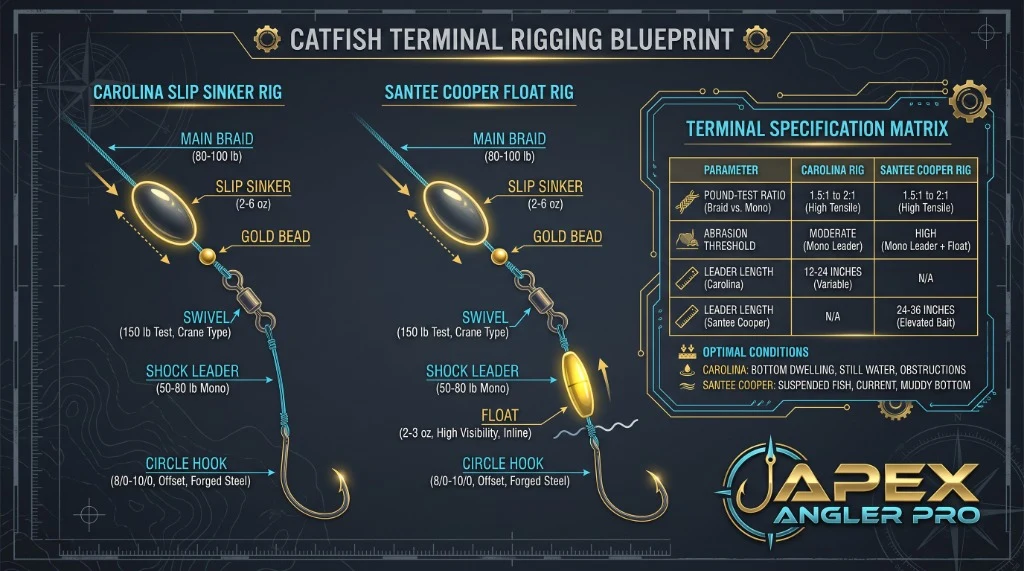 Catfish Terminal Rigging Blueprint: Carolina Slip Sinker vs Santee Cooper Float Rig comparison chart