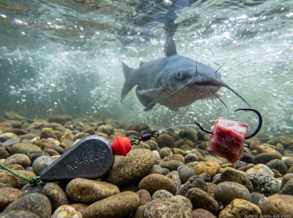 Underwater view of a flat No-Roll sinker resting flush on river gravel bed with circle hook cut bait and blue catfish