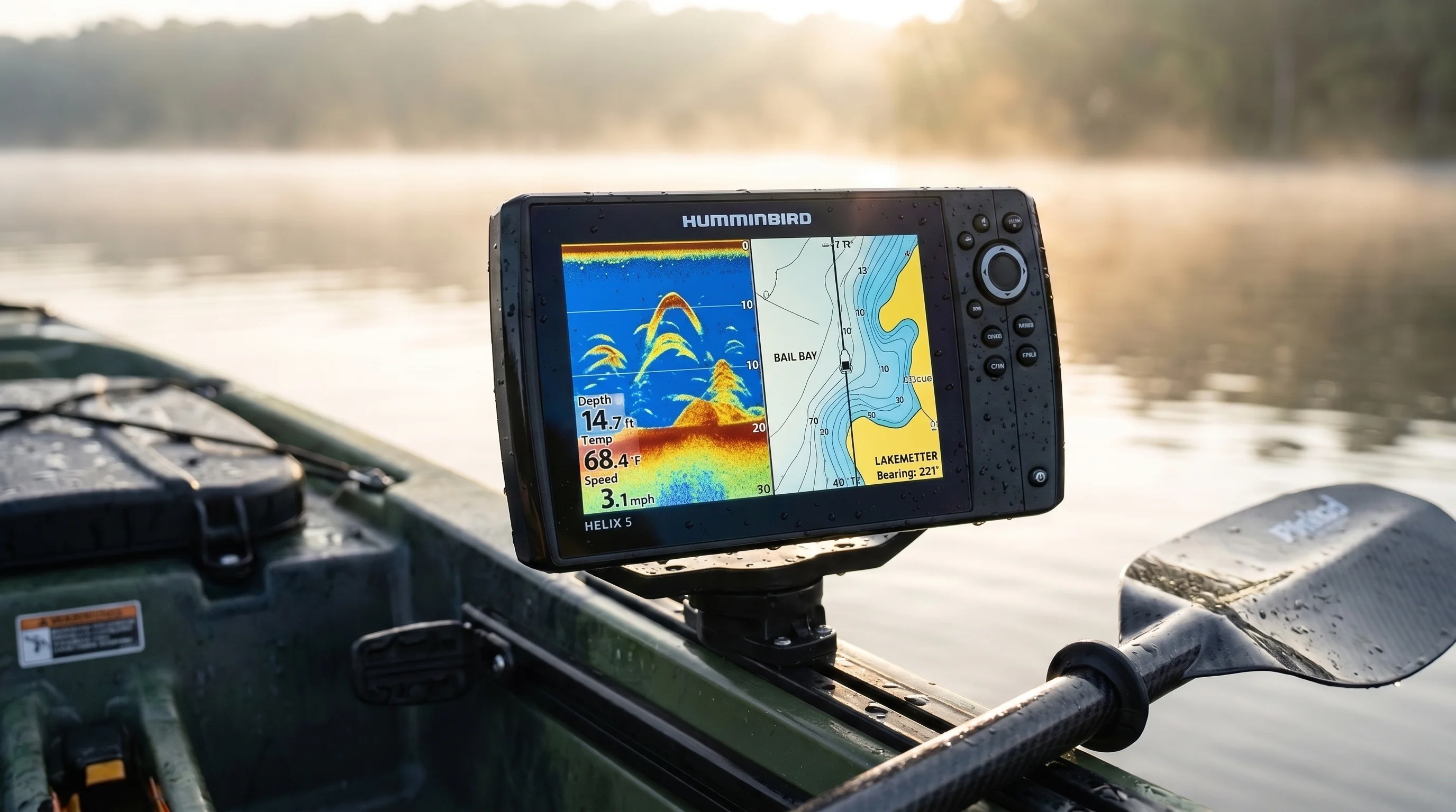 Humminbird Helix 5 split screen display on a kayak featuring 2D sonar and bathymetric mapping