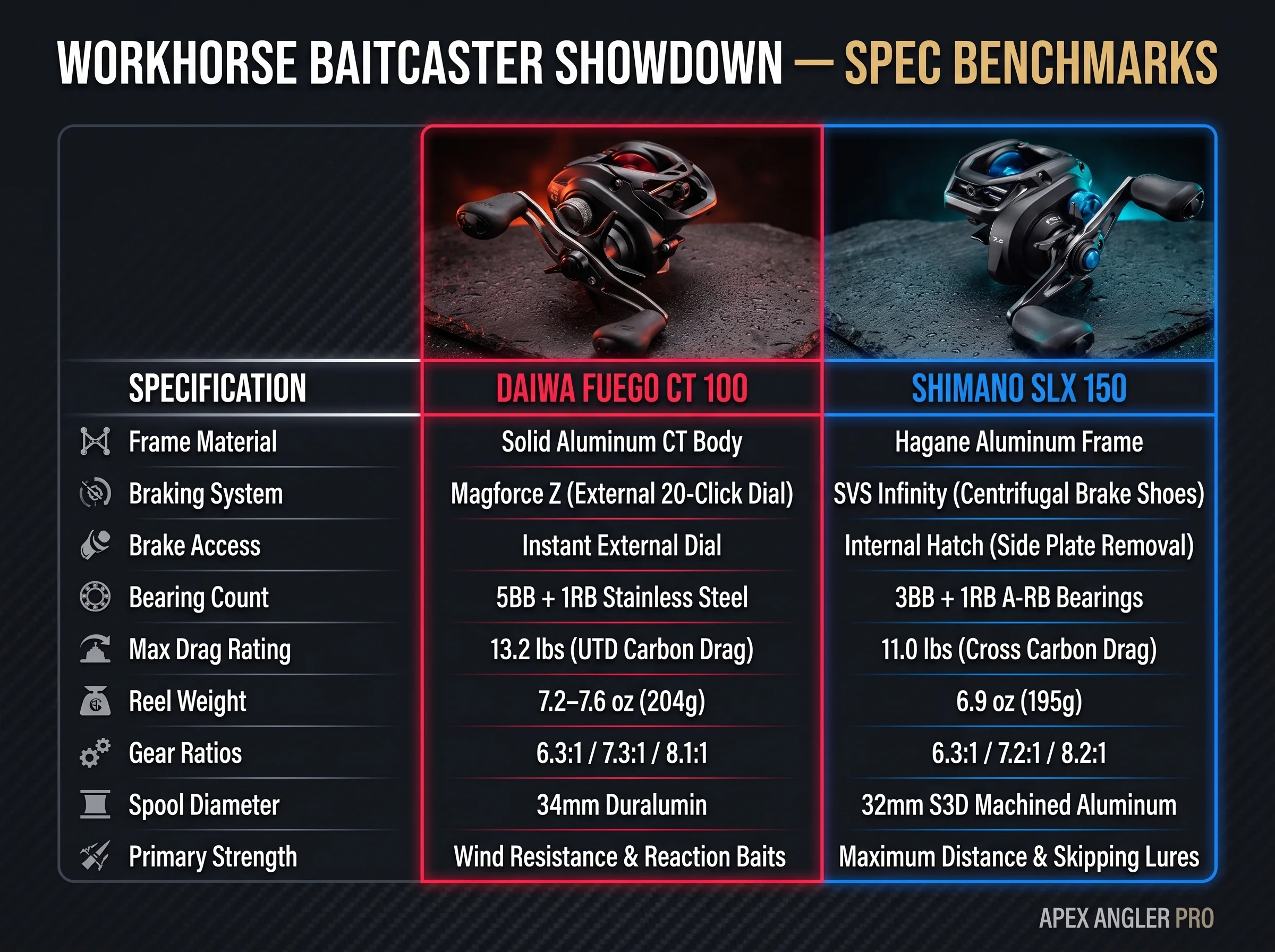 Workhorse Baitcaster Showdown Spec Benchmarks comparing Daiwa Fuego CT 100 vs Shimano SLX 150