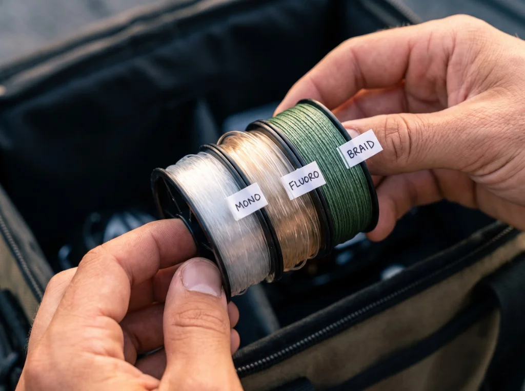 Tournament angler holding spools of monofilament, fluorocarbon, and braided line in tackle bag