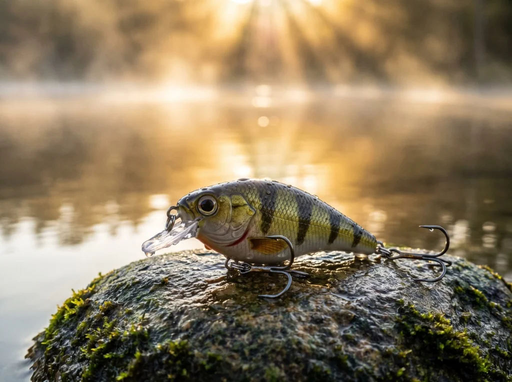 Yellow perch pattern crankbait lure resting on wet mossy rock at dawn sunrise
