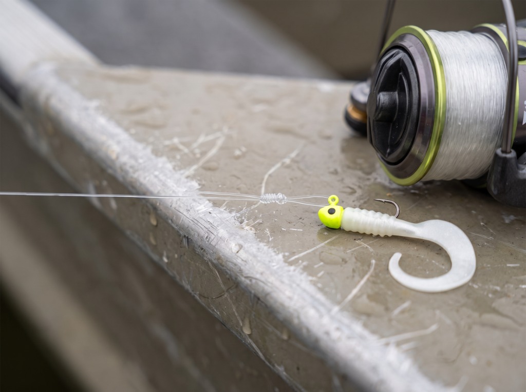 Macro detail of 4 lb fluorocarbon tied with a non-slip loop knot to a 1/32 oz chartreuse crappie jig on boat gunnel