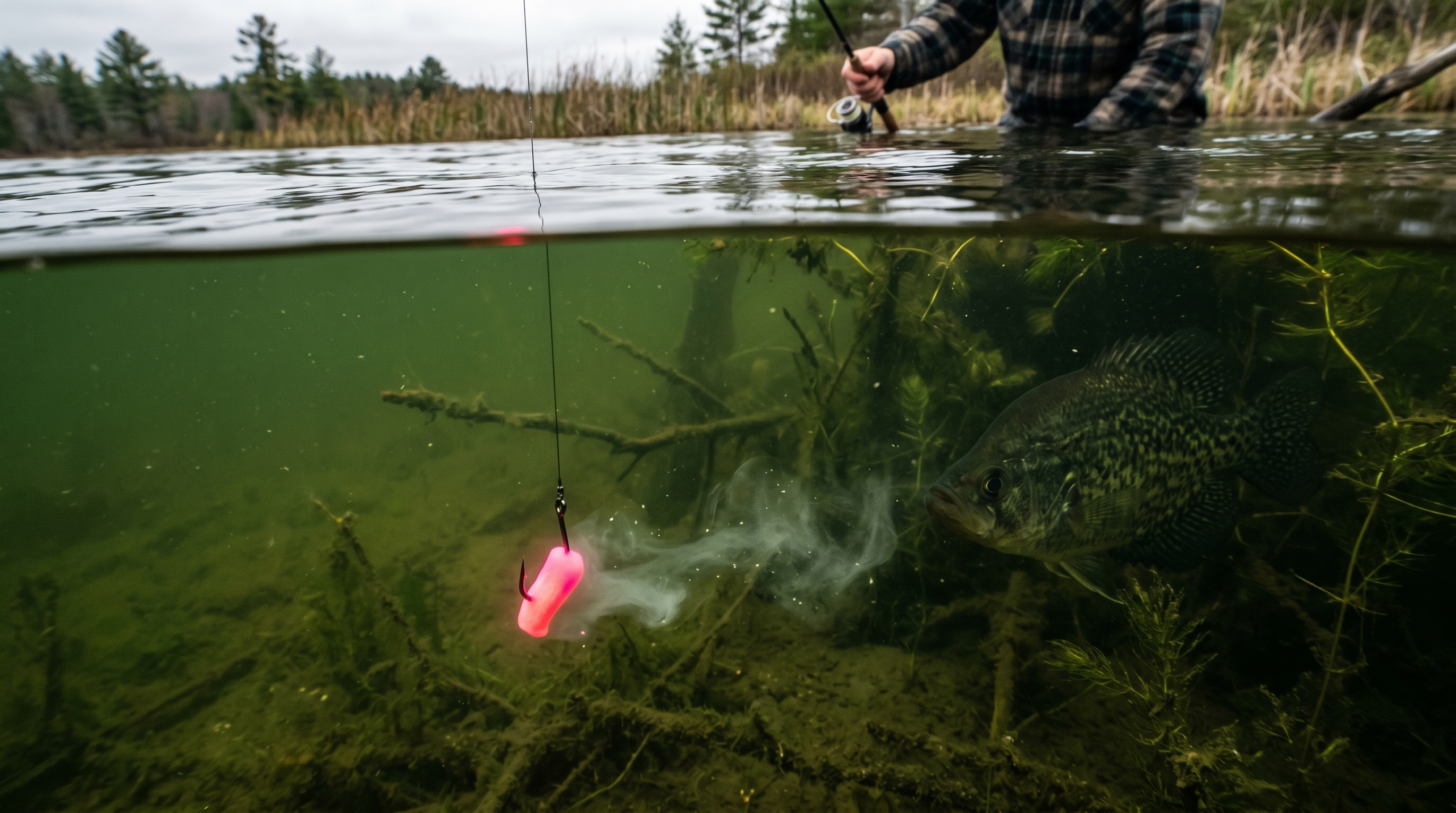 Underwater dispersion testing of Berkley Crappie Nibbles showing scent cloud