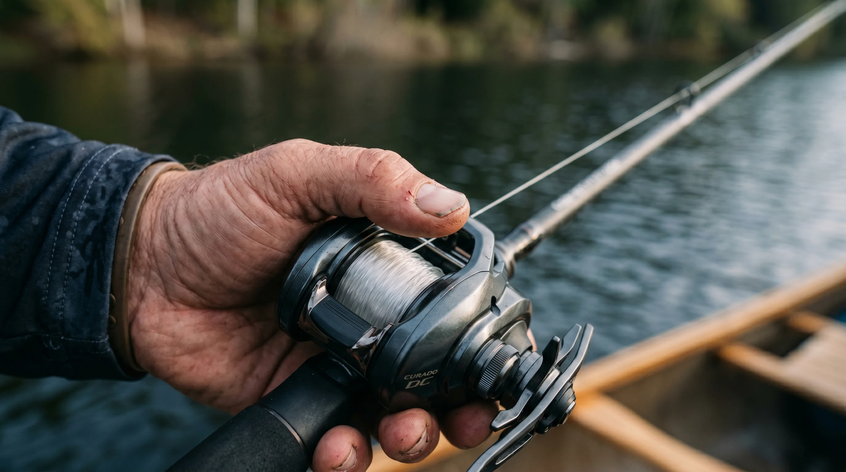 Angler holding a Shimano Curado DC baitcasting reel spooled with fluorocarbon line
