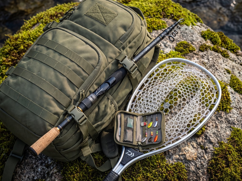 Daiwa Ballistic X Tele Spin collapsed to 57 cm strapped to an olive tactical hiking backpack on a mossy granite riverbank