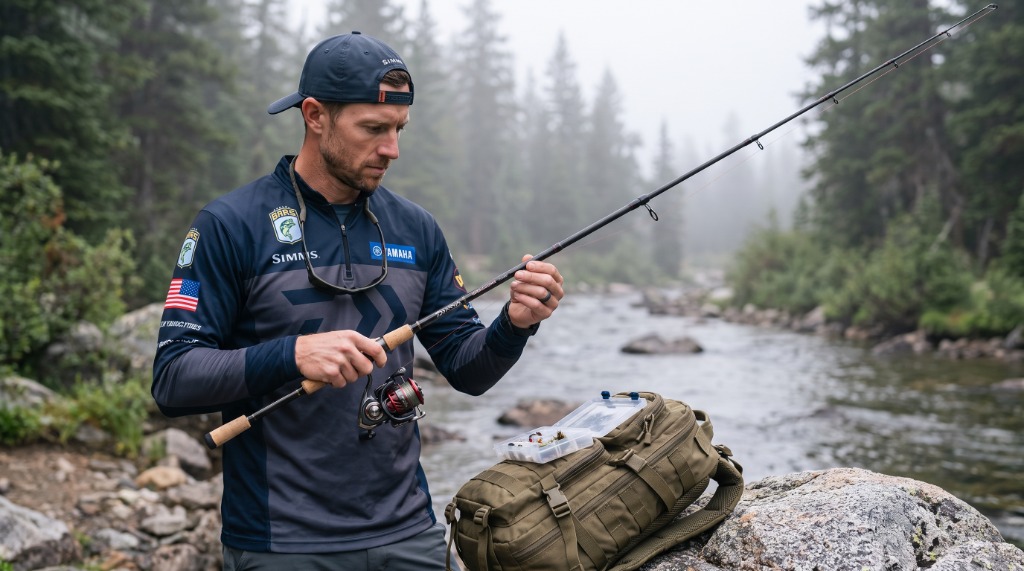 Alex The Finesse Guy Mercer evaluating the Daiwa Ballistic X Tele Spin on an alpine mountain stream