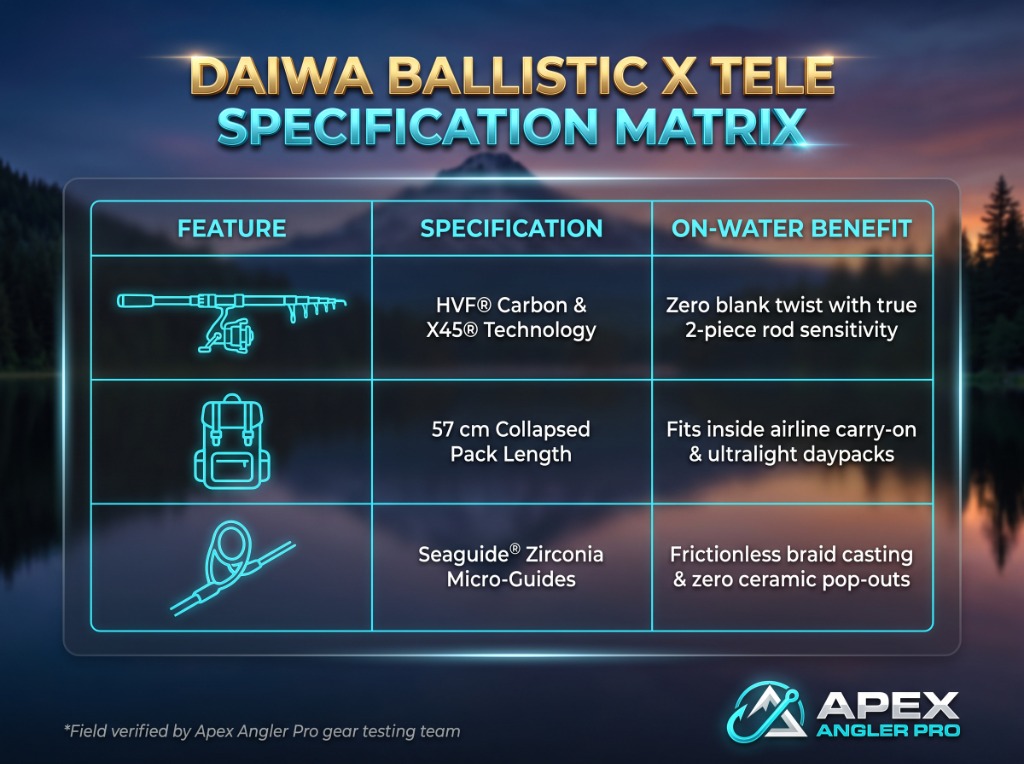Daiwa Ballistic X Tele Specification Matrix infographic featuring Apex Angler Pro logo outlining HVF carbon X45 technology 57cm pack length and Seaguide Zirconia guides
