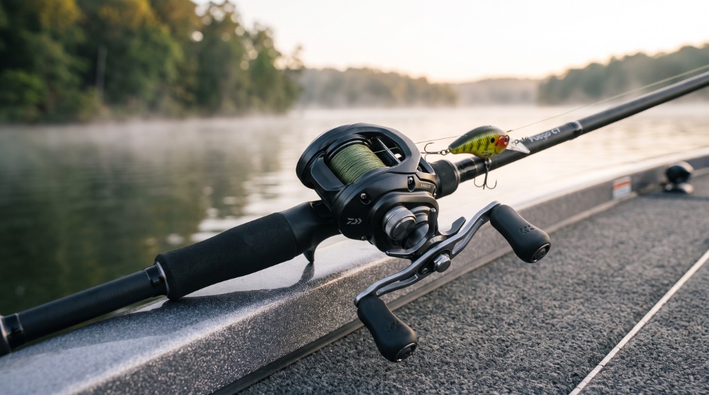 Daiwa Fuego CT Baitcasting Reel rigged with squarebill crankbait on bass boat gunwale