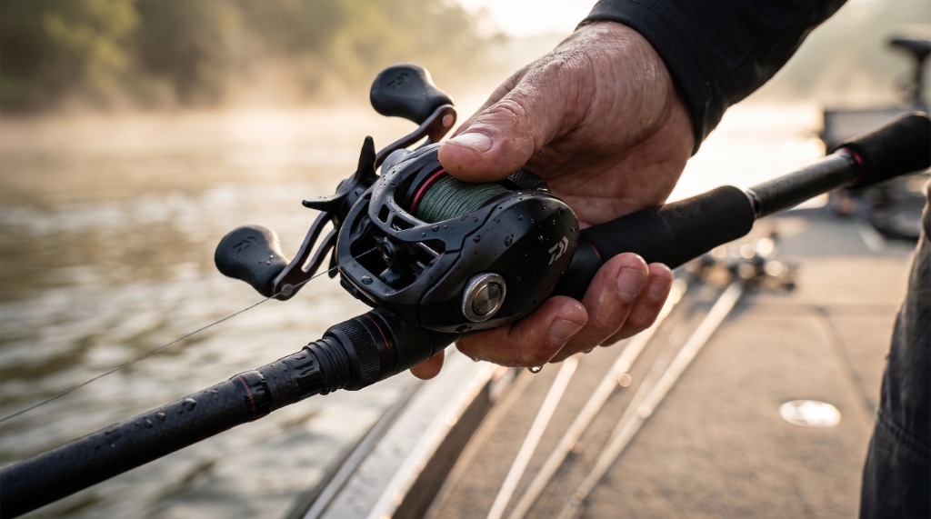 Tyler Vance field testing the Daiwa Fuego CT low-profile baitcasting reel on a casting rod on a bass boat