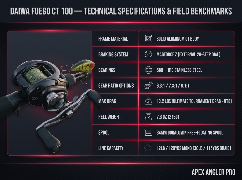 Daiwa Fuego CT 100 Technical Specifications and Field Benchmarks Infographic Table
