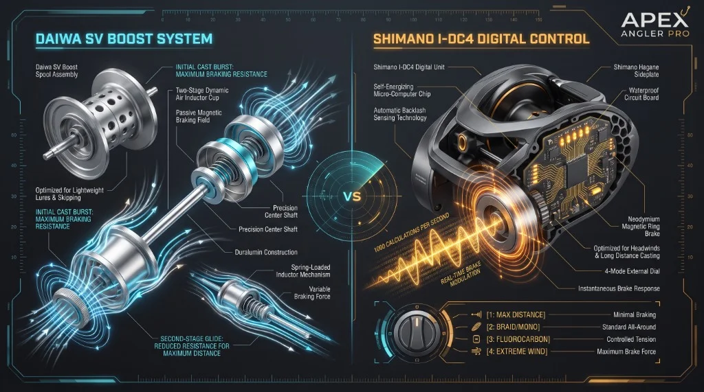 Daiwa SV Boost vs Shimano I-DC4 technical braking diagram showing two-stage air inductor spool and micro-computer 4-mode dial