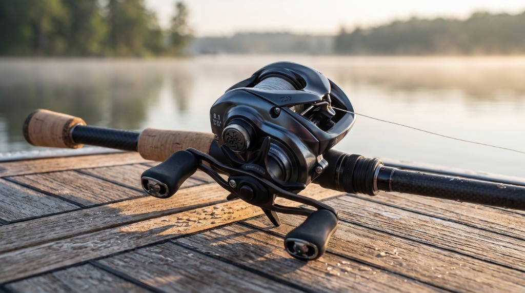 Tyler Vance holding the 3rd Generation Daiwa Tatula SV TW 100 baitcaster rigged on a tournament casting rod resting on a dock at sunrise