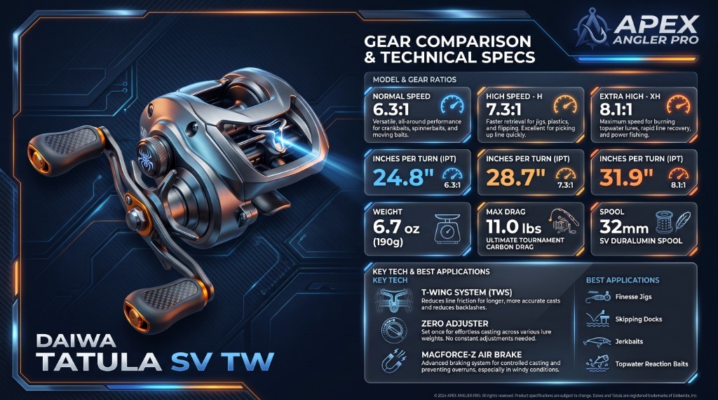 Daiwa Tatula SV TW 100 technical specs: gear ratios 6.3:1 / 7.1:1 / 8.1:1, IPT 26/29/33 in, SV Boost air brake system diagram