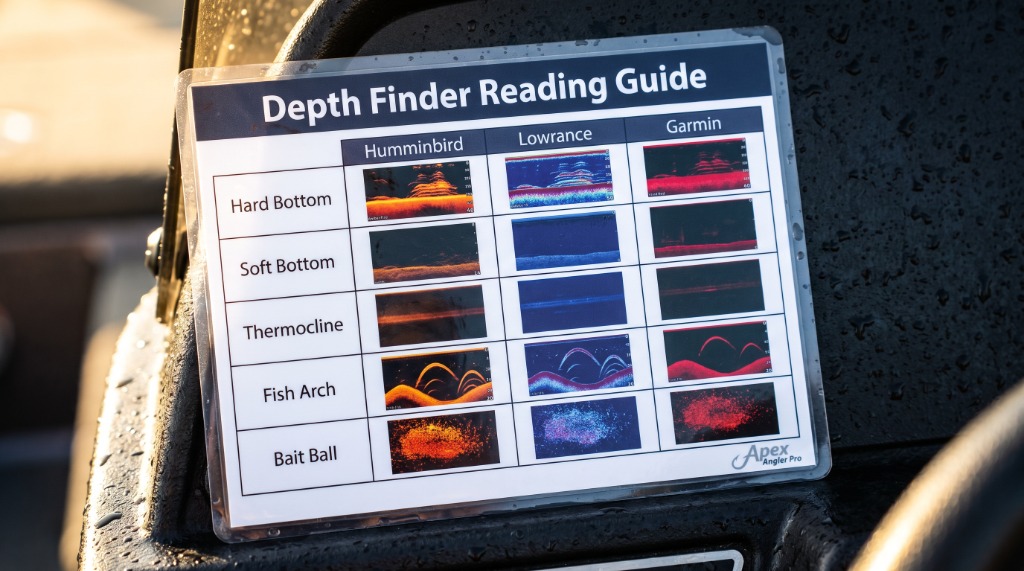 Laminated Depth Finder Reading Guide matrix on bass boat console showing Humminbird, Lowrance, and Garmin signatures