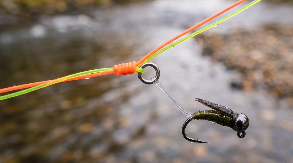 Macro detail of Euro nymphing leader connection showing bicolor sighter, micro tippet ring, and tungsten perdigon jig nymph