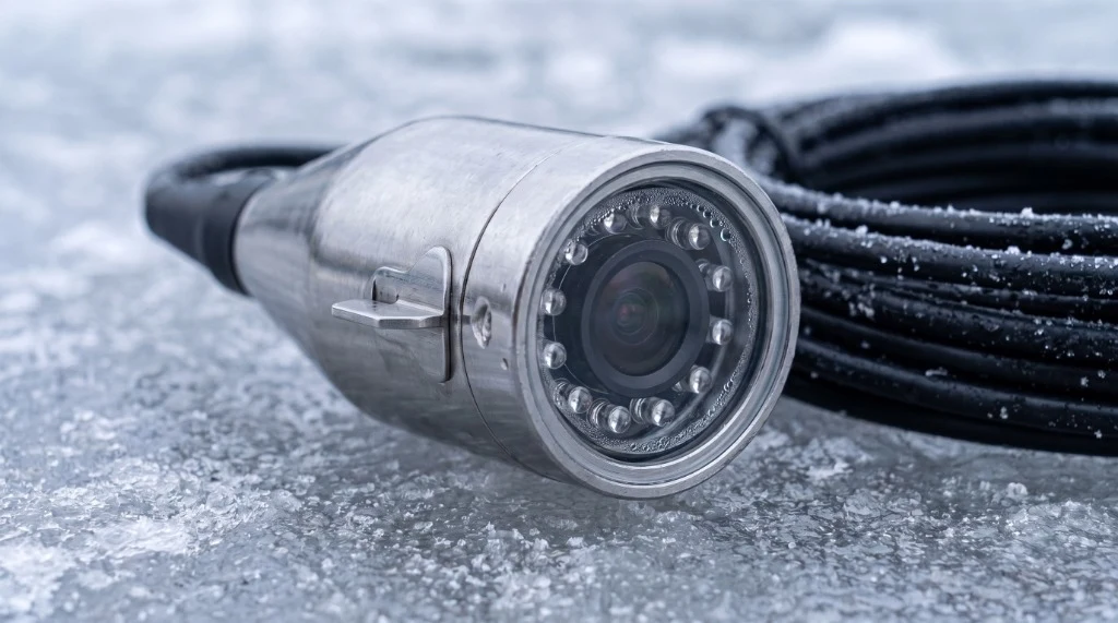 Extreme macro close-up of Eyoyo underwater camera head on lake ice