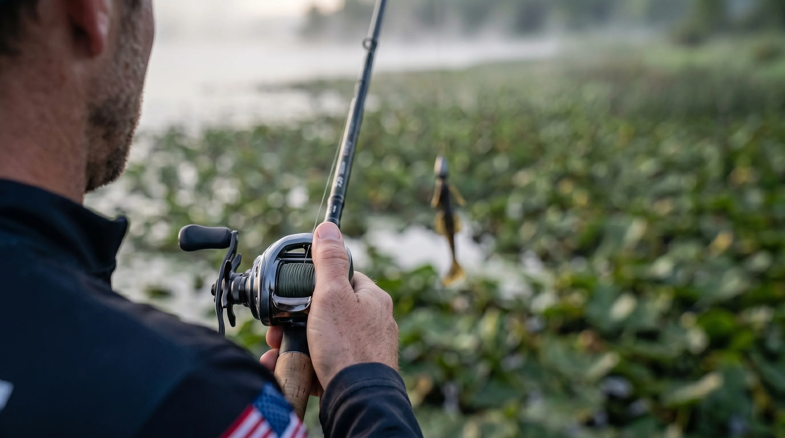 Professional angler operating high-speed baitcasting reel during tournament bass fishing
