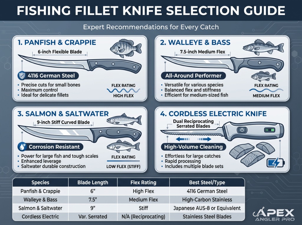 Fishing fillet knife selection guide infographic showing blade profiles, flex ratings and steel types by species