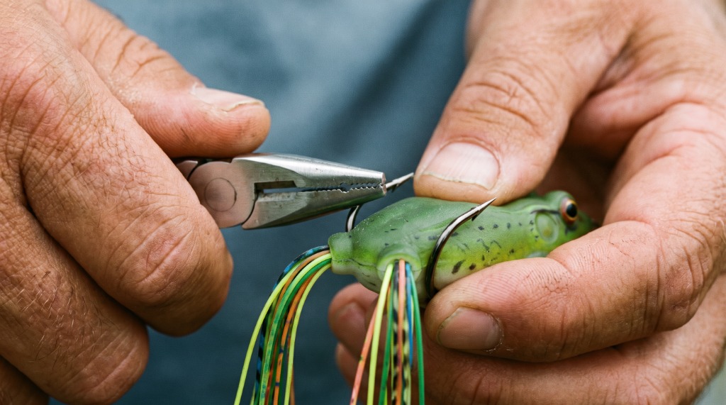 Close-up macro demonstration of angler using pliers to bend double frog hooks outward for improved hookset ratio
