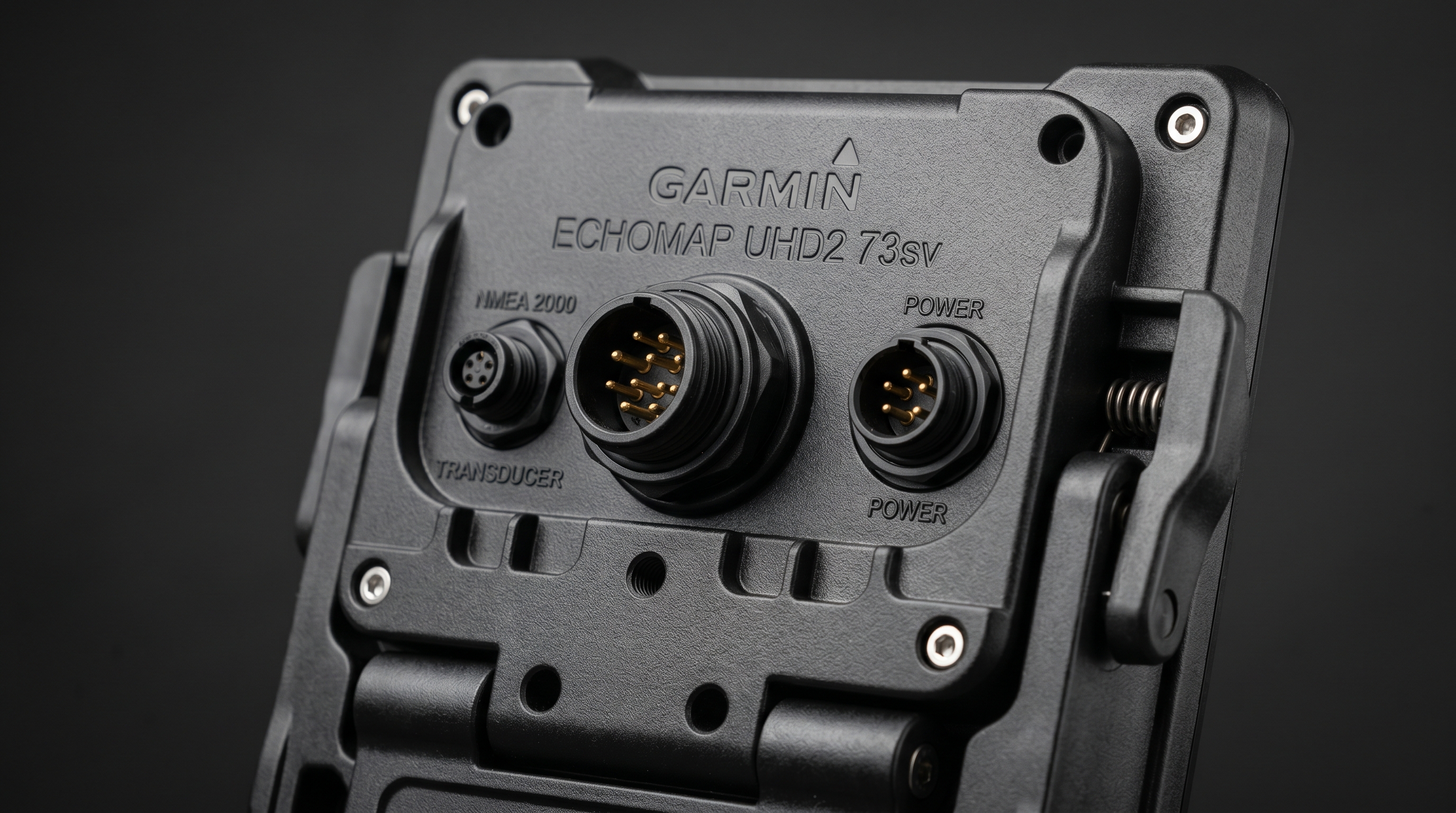 Rear view of the Garmin ECHOMAP UHD2 73sv showing the quick-release mount ports