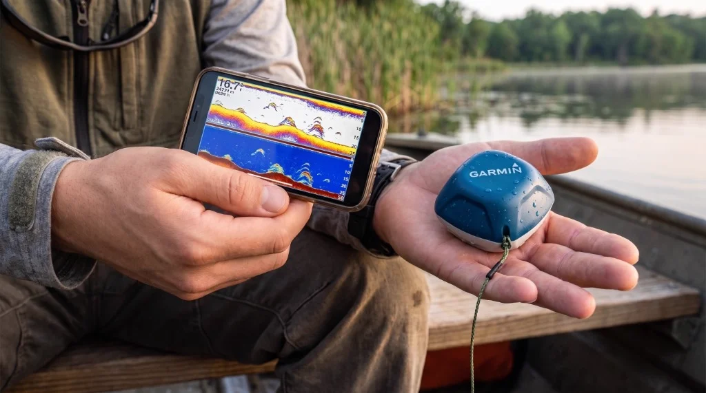 Dr. Eric Lindner holding the compact Garmin STRIKER Cast GPS transducer and smartphone displaying 2D sonar returns on a boat at sunrise