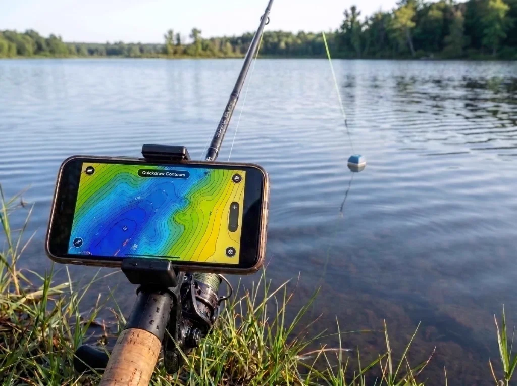 Garmin Quickdraw Contours live 1-foot bathymetric mapping on lake shoreline