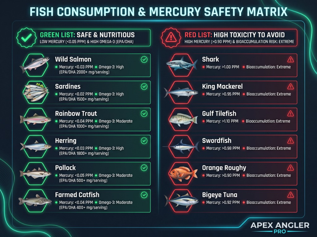 Fish Consumption & Mercury Safety Matrix comparing green list safe species against red list toxic species