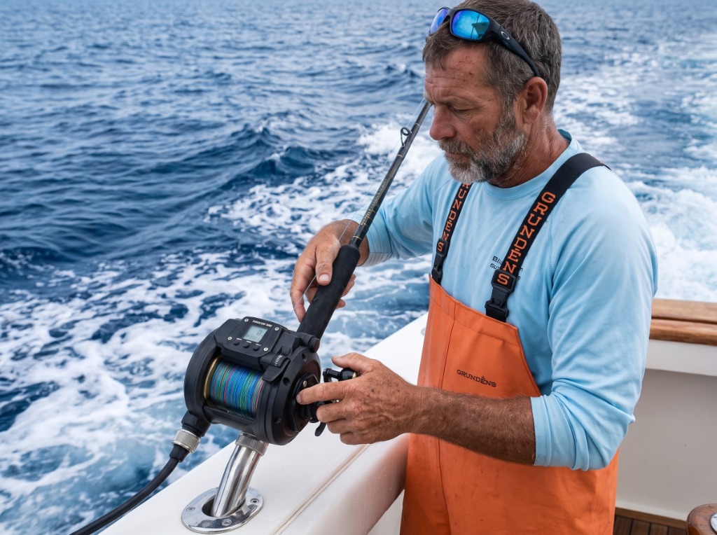 Captain Pete Callahan fine-tuning the star drag knob on a gunwale-mounted electric reel