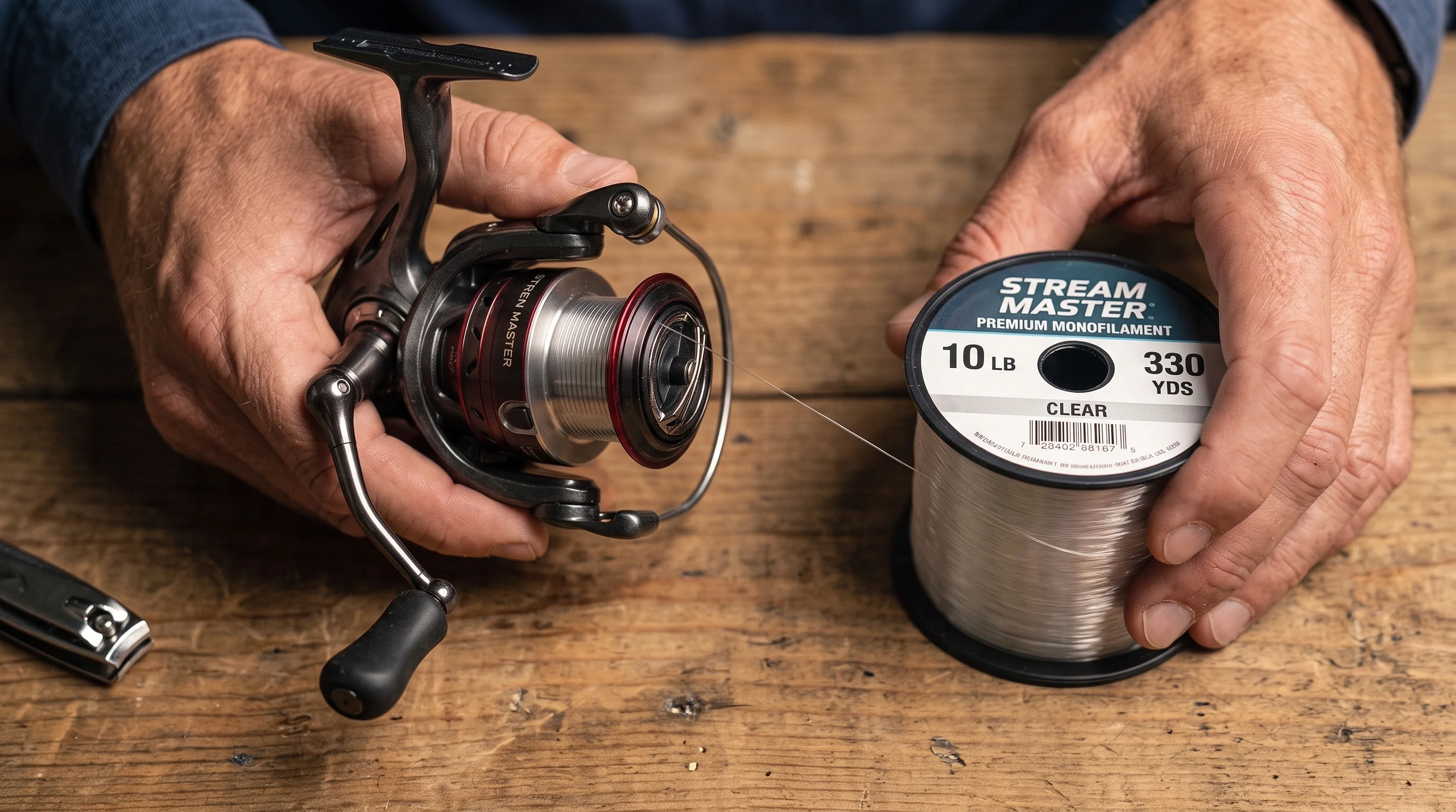 Angler holding spinning reel and monofilament spool